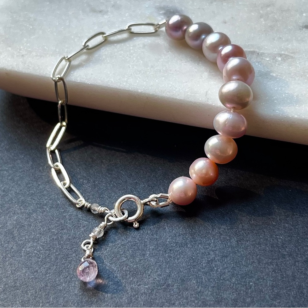 Sterling Silver Paperclip Chain Lavender Freshwater Pearl and Gemstone Bracelet